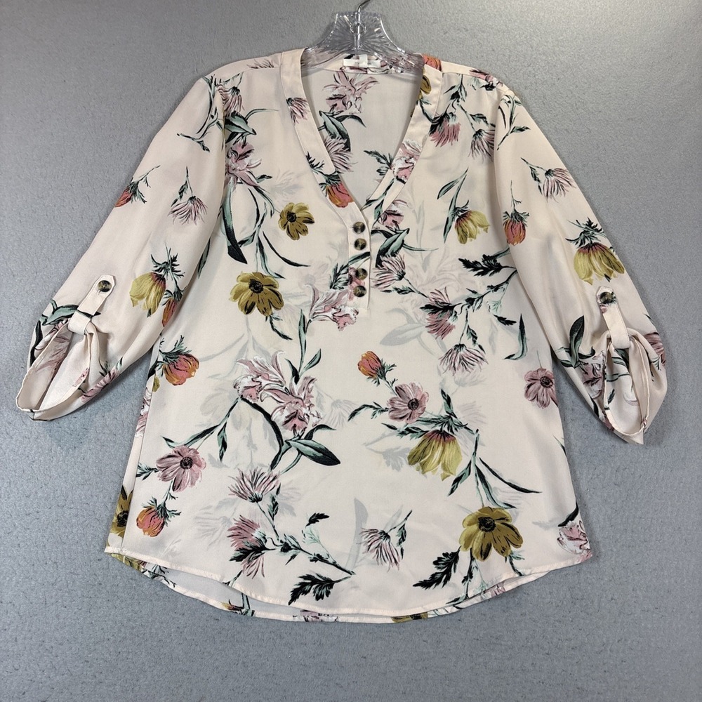 Maurices Blouse Womens Small Pink Floral Roll Tab Sleeve V-Neck Top - Picture 2 of 9